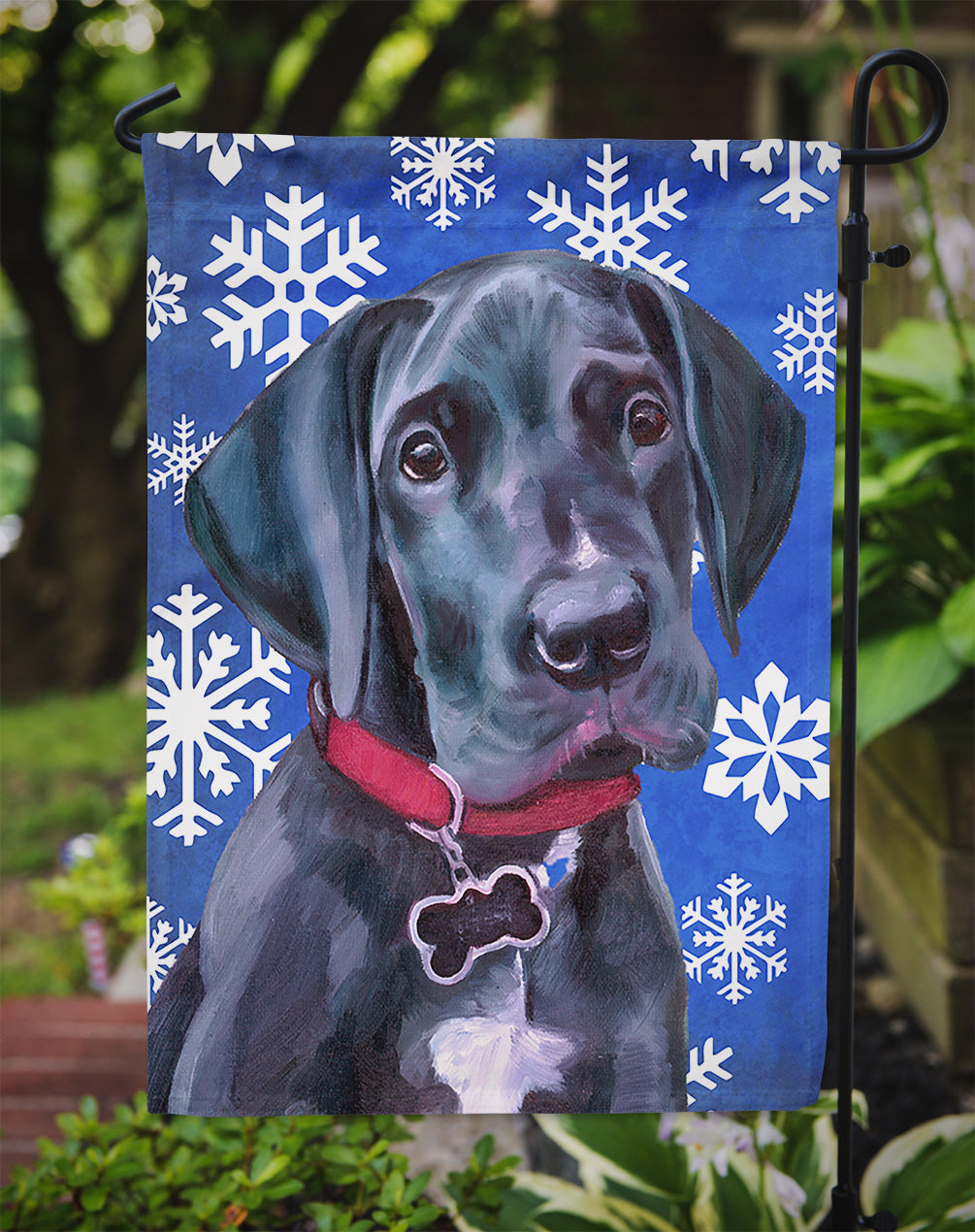 Black Great Dane Puppy Winter Snowflakes Holiday Flag Garden Size LH9586GF