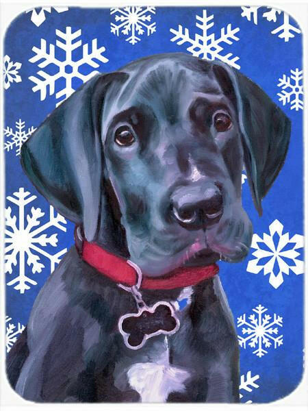 Black Great Dane Puppy Winter Snowflakes Holiday Glass Cutting Board Large LH9586LCB by Caroline&#39;s Treasures