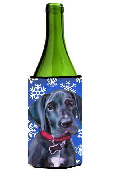 Black Great Dane Puppy Winter Snowflakes Holiday Wine Bottle Beverage Insulator Hugger LH9586LITERK by Caroline's Treasures