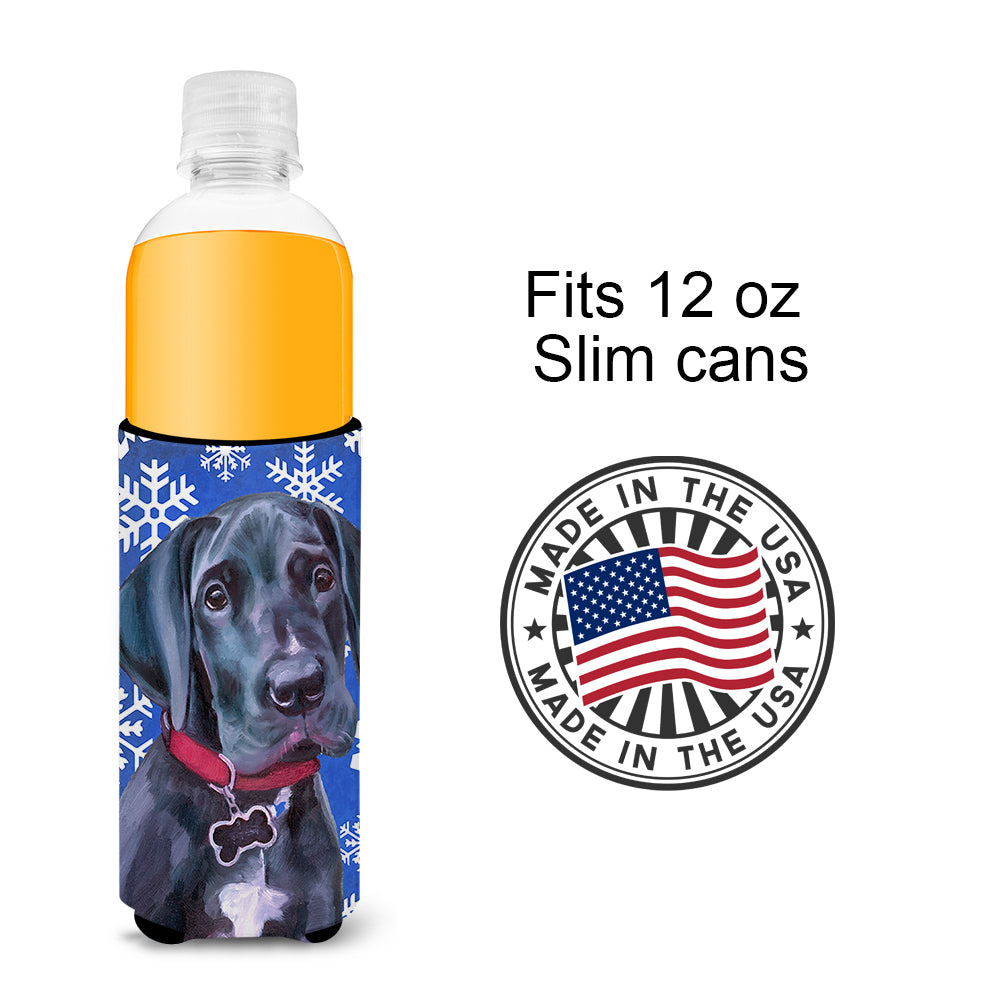 Black Great Dane Puppy Winter Snowflakes Holiday Ultra Beverage Insulators for slim cans LH9586MUK