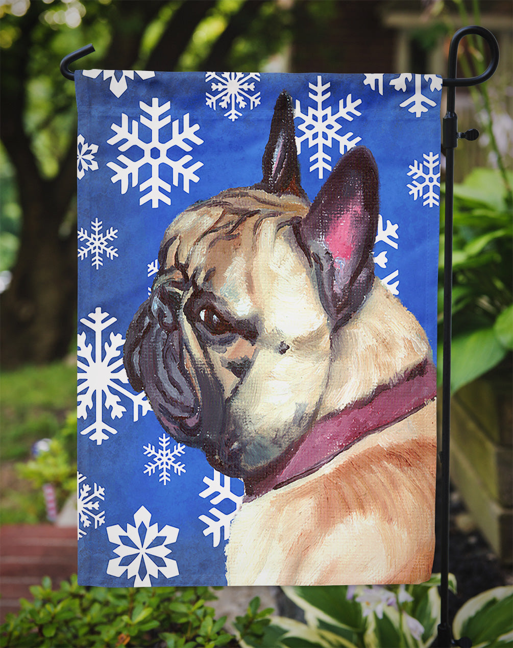 French Bulldog Frenchie Winter Snowflakes Holiday Flag Garden Size LH9587GF  the-store.com.