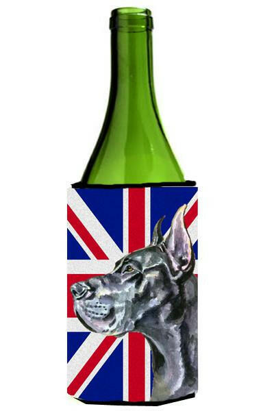Black Great Dane with English Union Jack British Flag Wine Bottle Beverage Insulator Hugger LH9599LITERK by Caroline&#39;s Treasures