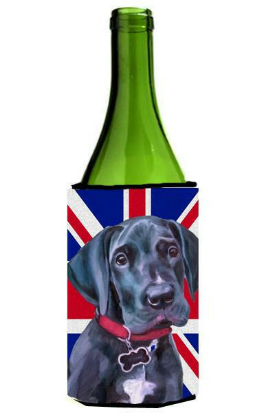 Black Great Dane Puppy with English Union Jack British Flag Wine Bottle Beverage Insulator Hugger LH9600LITERK by Caroline&#39;s Treasures