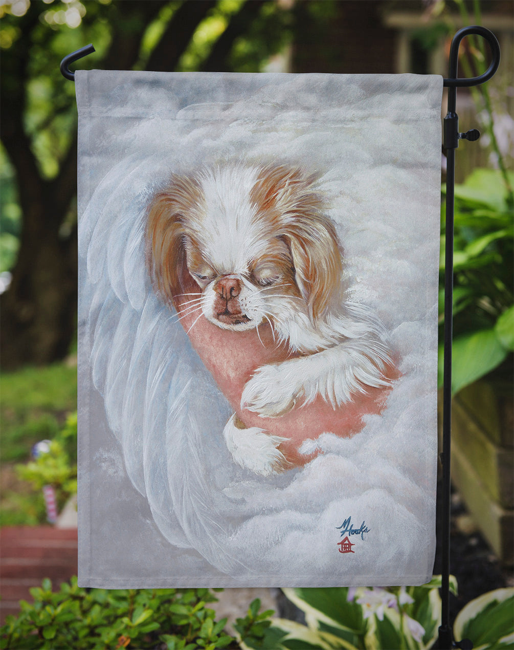Japanese Chin in an Angels Arms Flag Garden Size MH1037GF