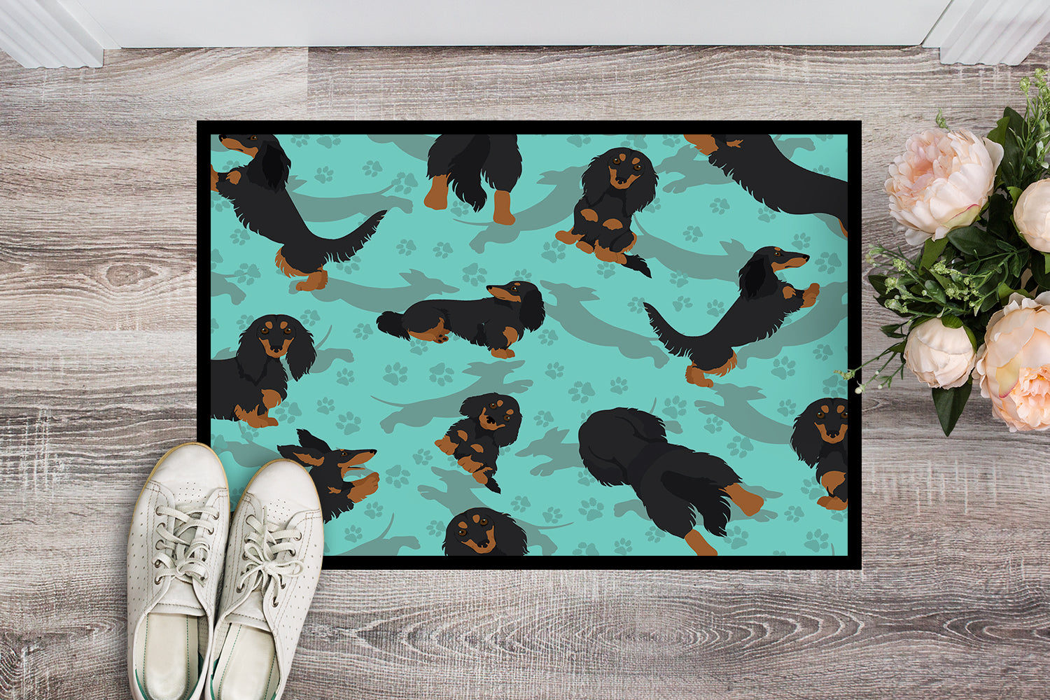 Longhaired Black Tan Dachshund Indoor or Outdoor Mat 24x36 - the-store.com