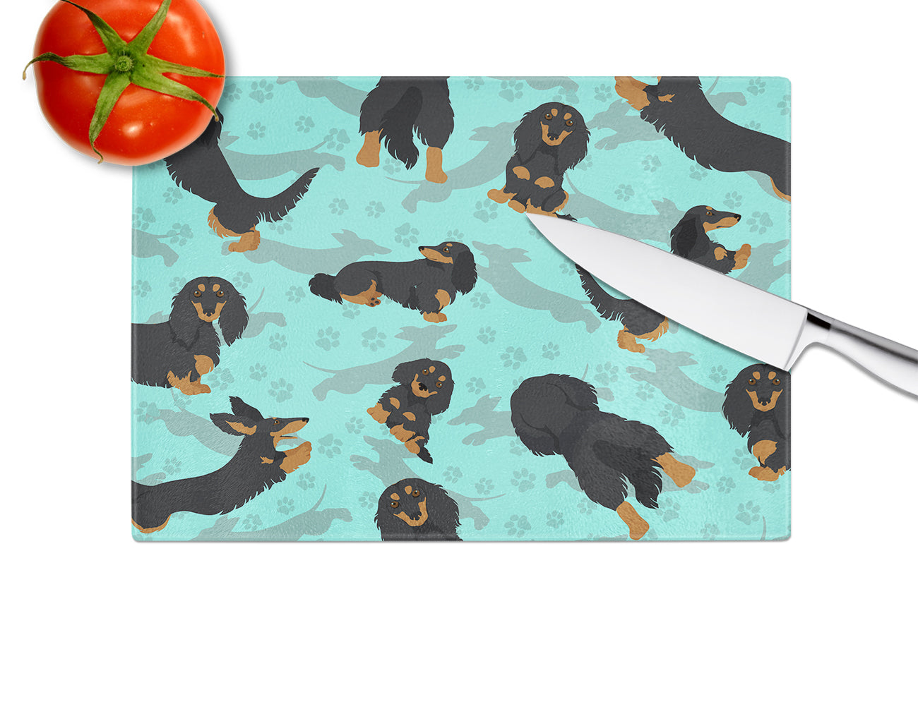 Longhaired Black Tan Dachshund Glass Cutting Board Large - the-store.com