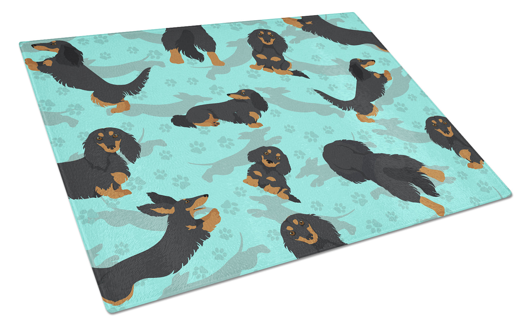 Buy this Longhaired Black Tan Dachshund Glass Cutting Board Large