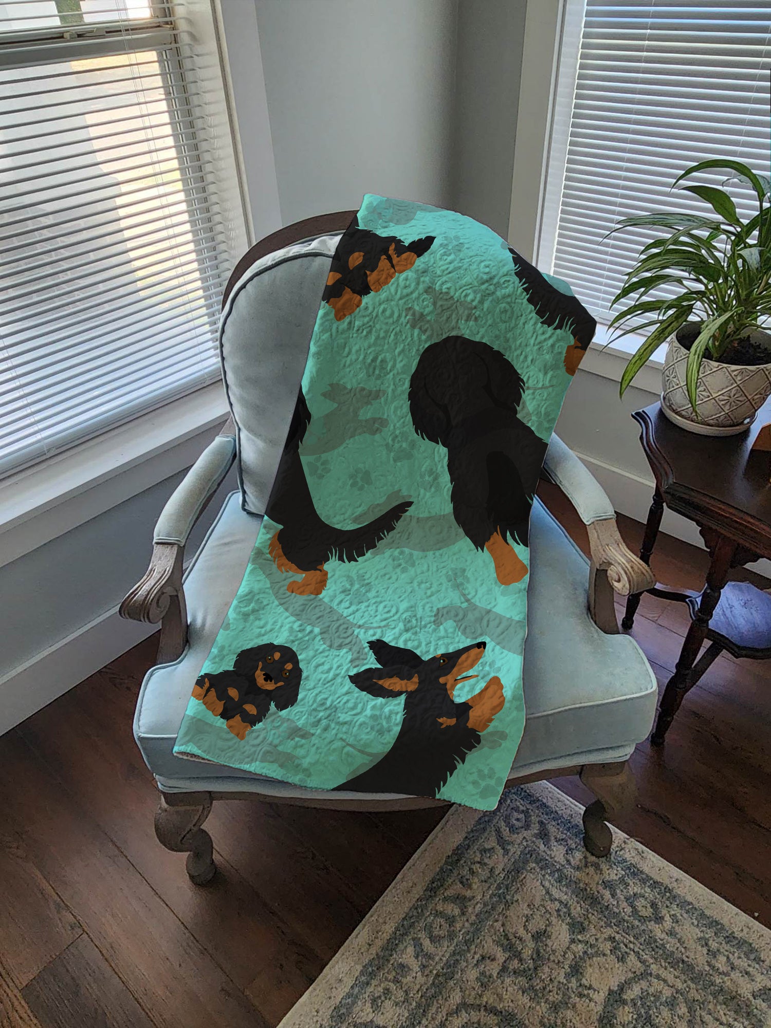 Longhaired Black Tan Dachshund Quilted Blanket 50x60 - the-store.com
