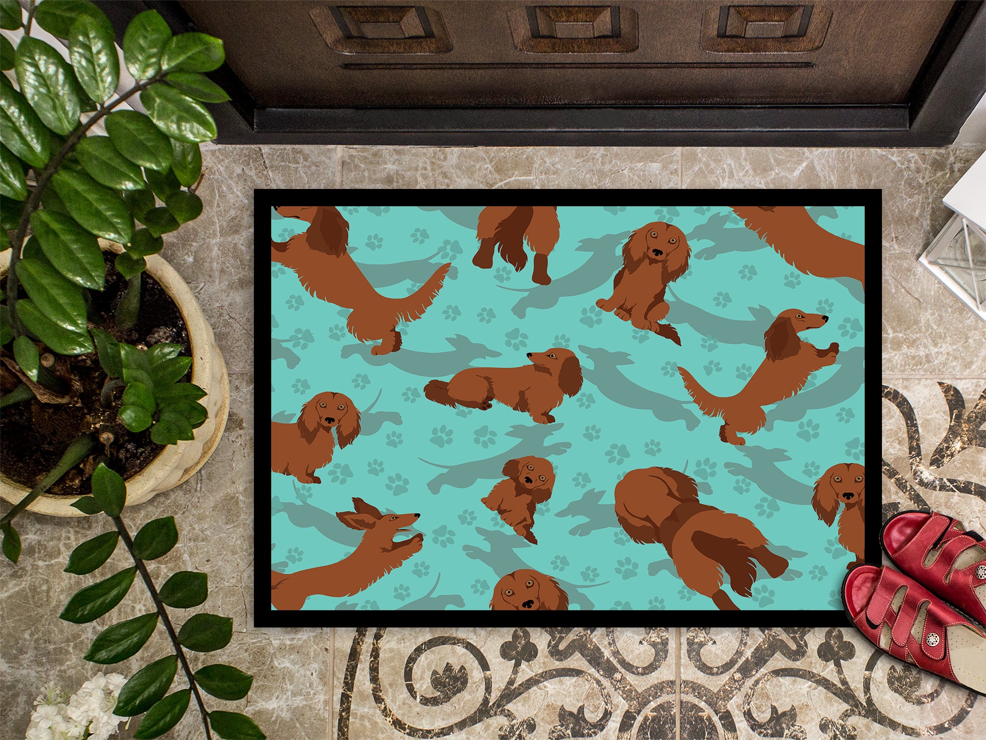 Longhaired Red Dachshund Indoor or Outdoor Mat 24x36 - the-store.com