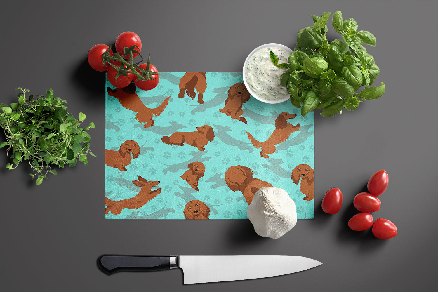 Longhaired Red Dachshund Glass Cutting Board Large - the-store.com