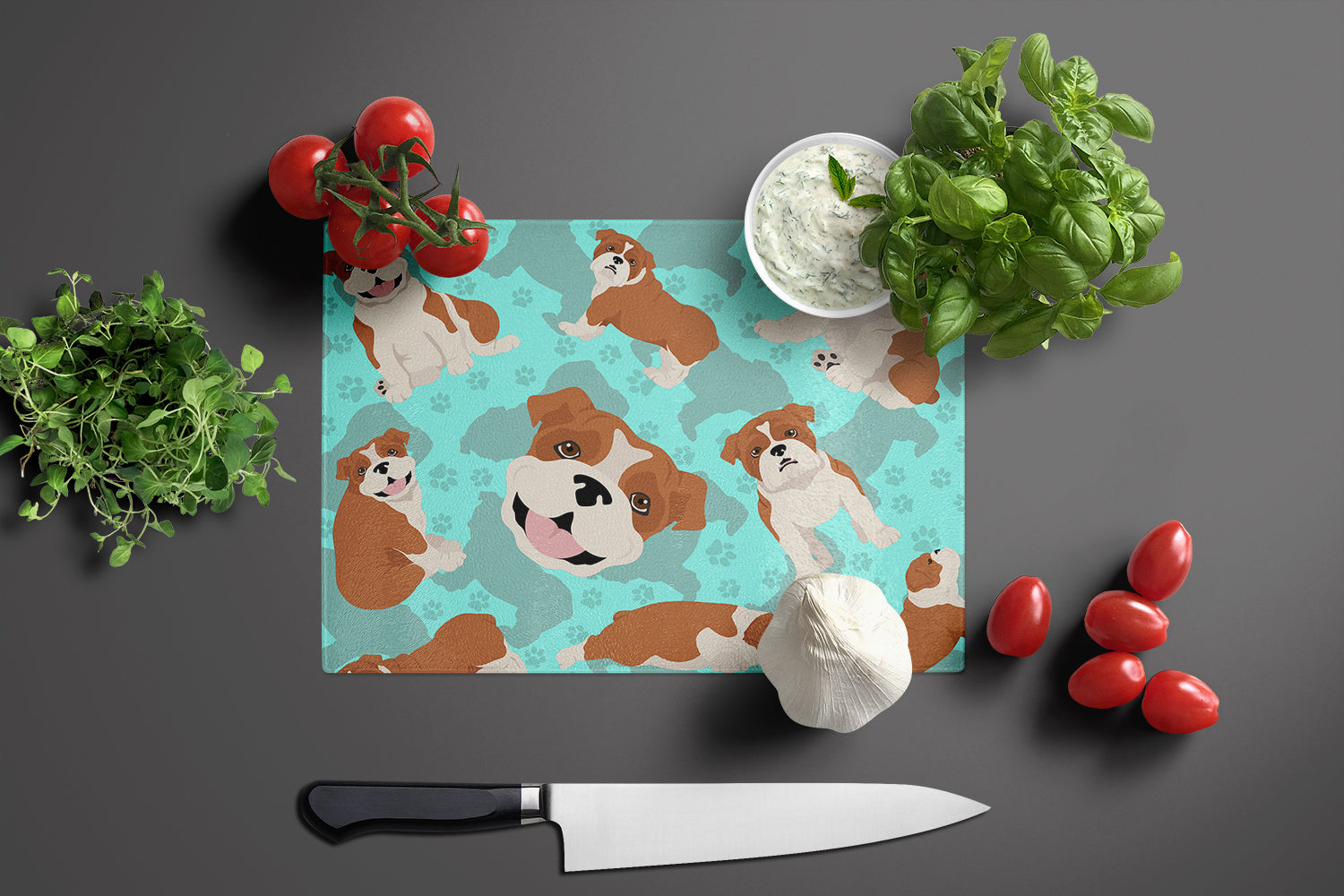 Red and White English Bulldog Glass Cutting Board Large - the-store.com