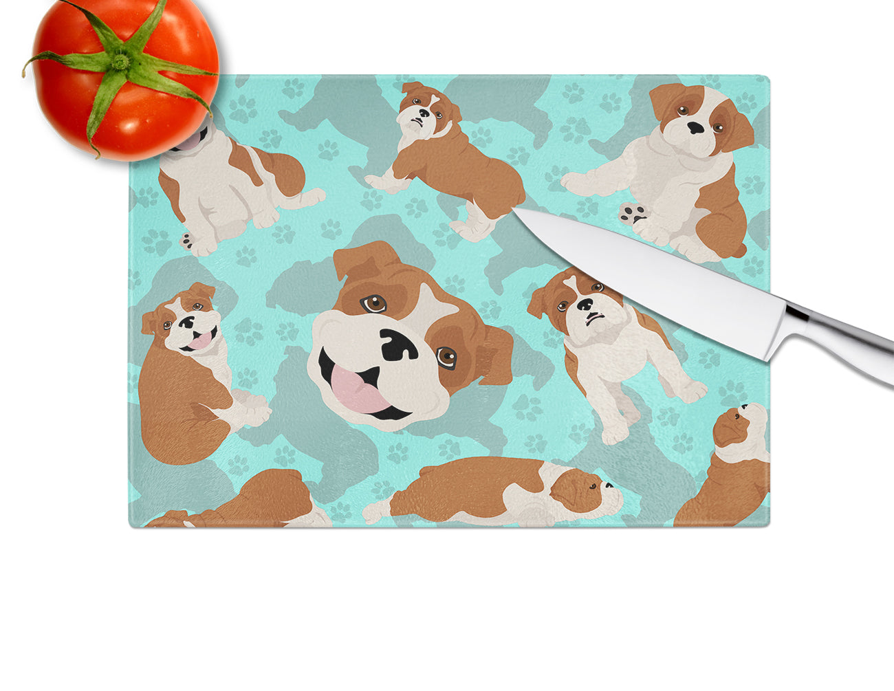 Red and White English Bulldog Glass Cutting Board Large - the-store.com