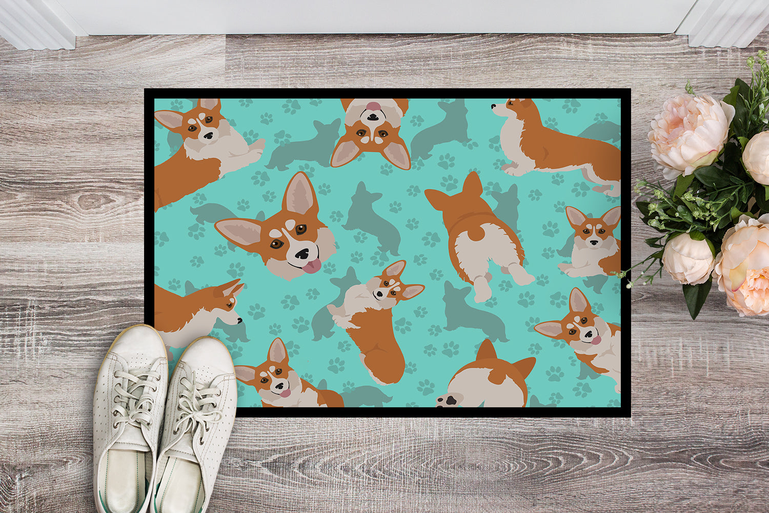 Buy this Red and White Pembroke Corgi Indoor or Outdoor Mat 24x36