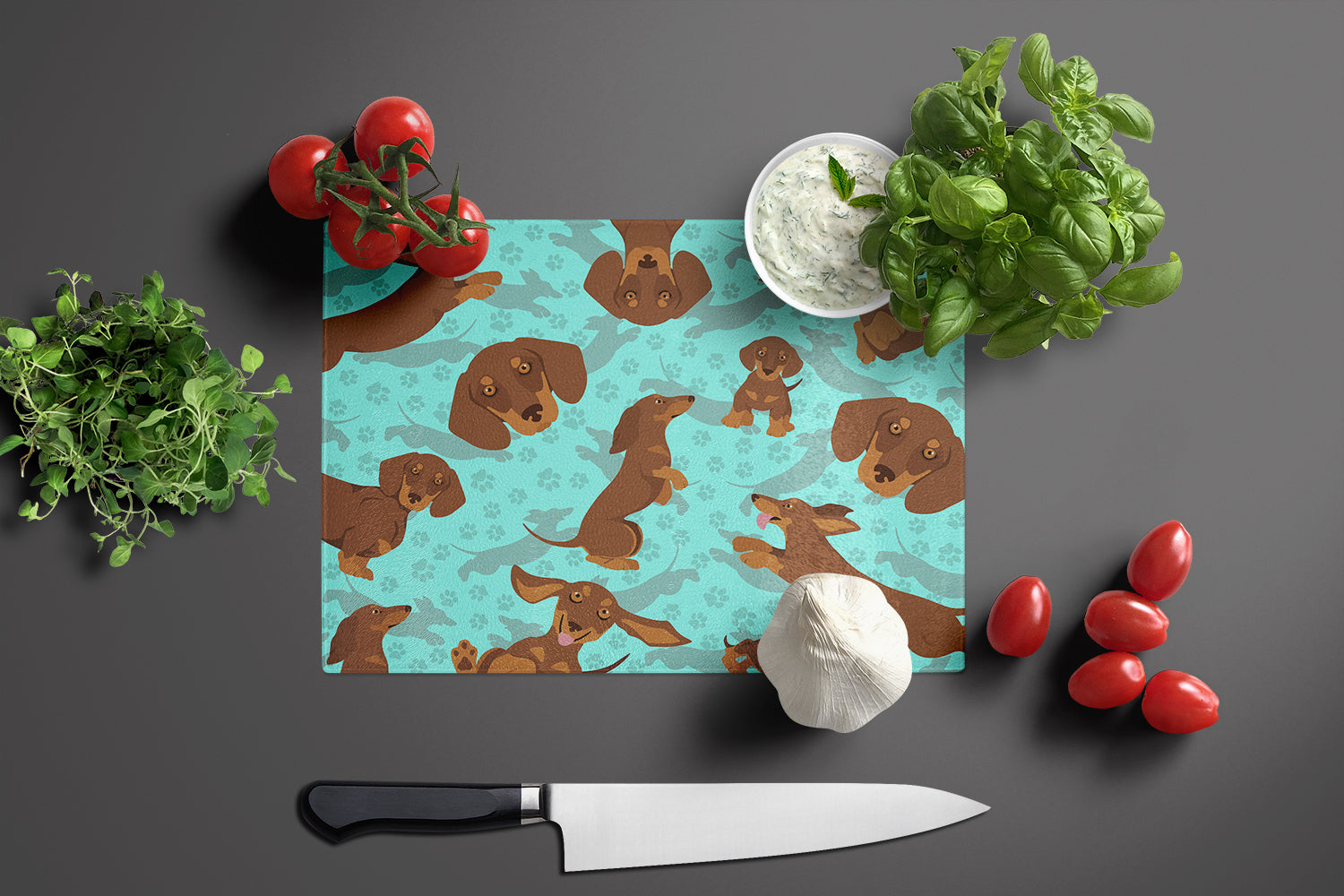 Chocolate and Tan Dachshund Glass Cutting Board Large - the-store.com