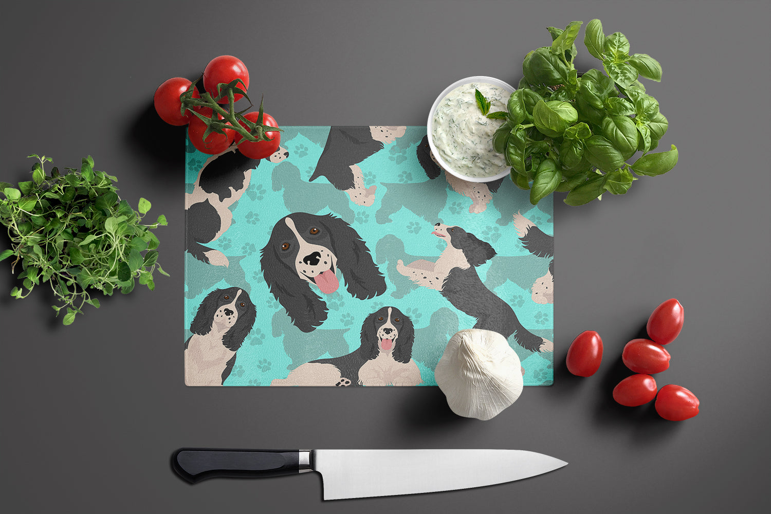 Black and White English Springer Spaniel Glass Cutting Board Large - the-store.com