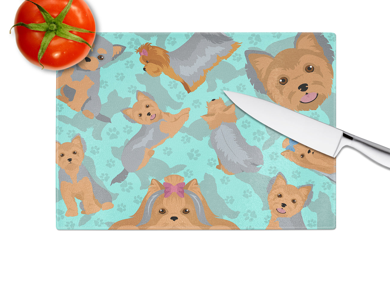 Blue and Tan Yorkie Glass Cutting Board Large - the-store.com