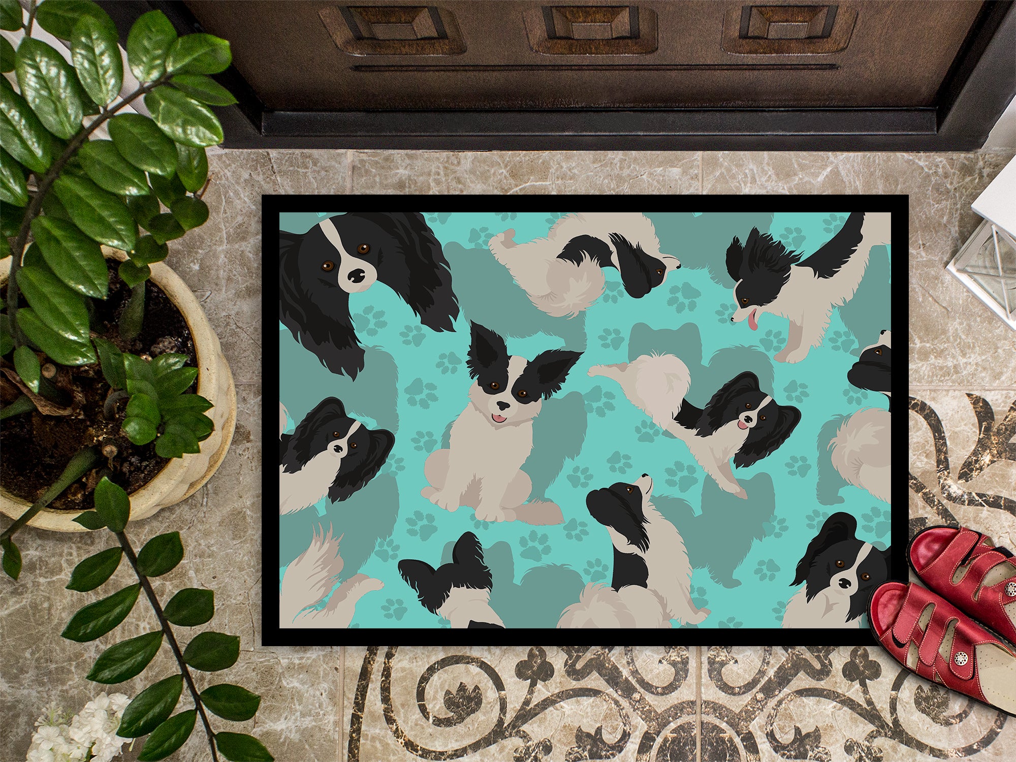 Black and Whtie Papillon Indoor or Outdoor Mat 24x36 - the-store.com