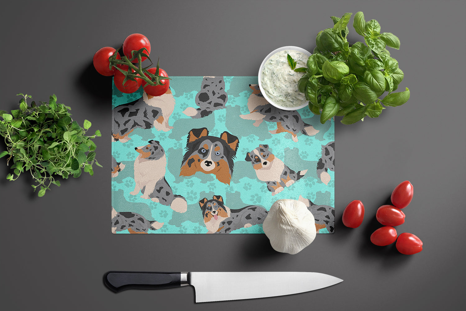 Blue Merle Sheltie Glass Cutting Board Large - the-store.com