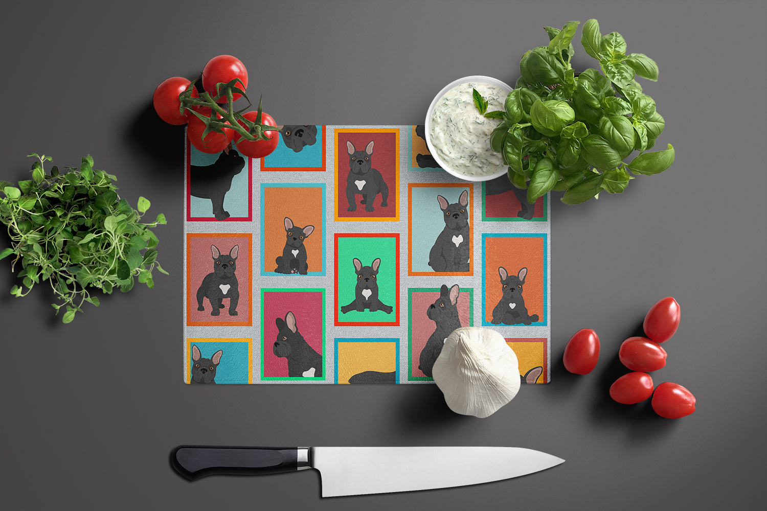 Lots of Black French Bulldog Glass Cutting Board Large - the-store.com
