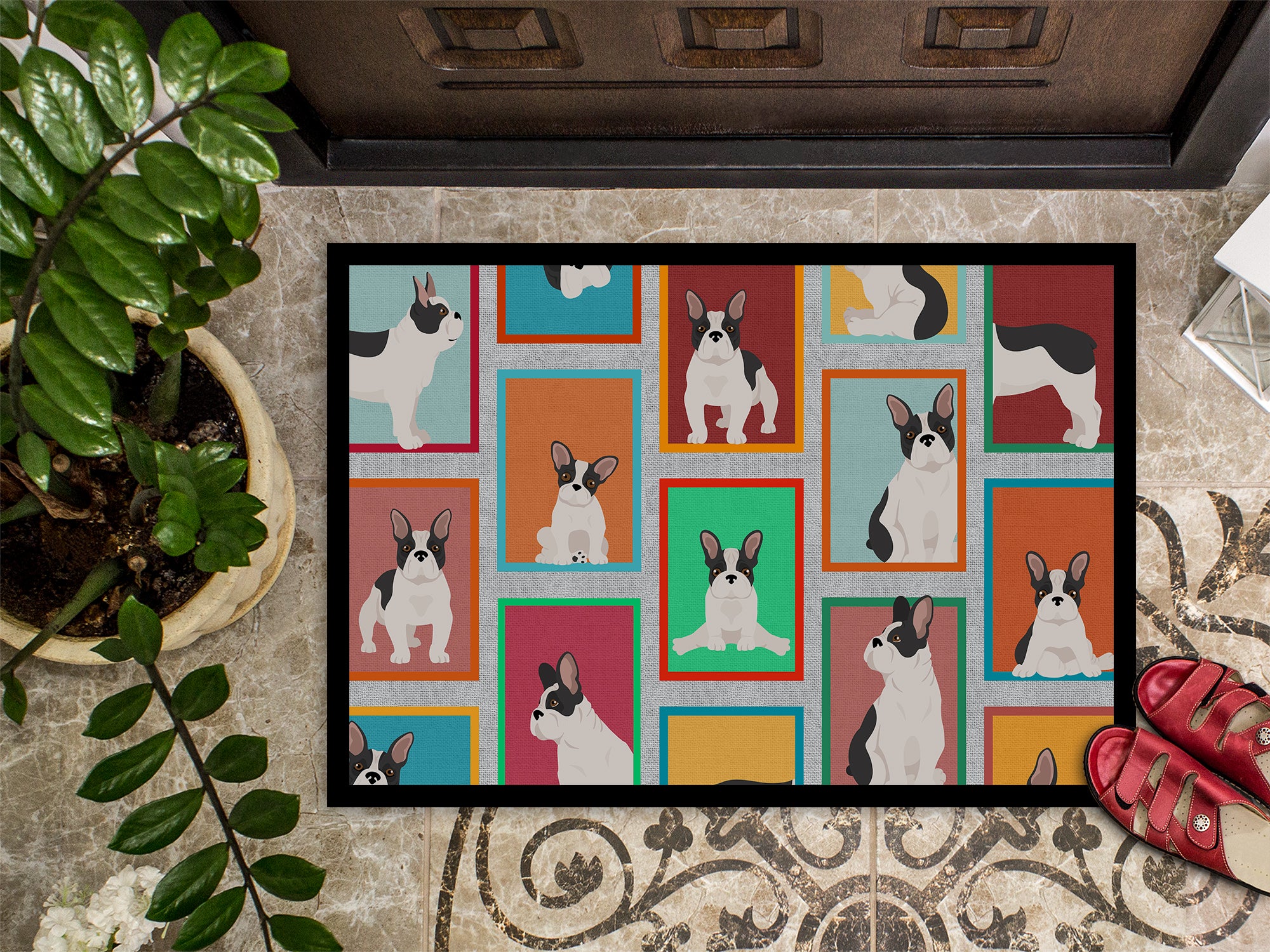 Lots of Black and White French Bulldog Indoor or Outdoor Mat 24x36 - the-store.com