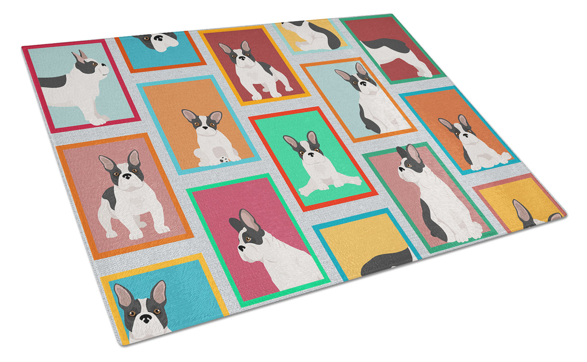 Buy this Lots of Black and White French Bulldog Glass Cutting Board Large