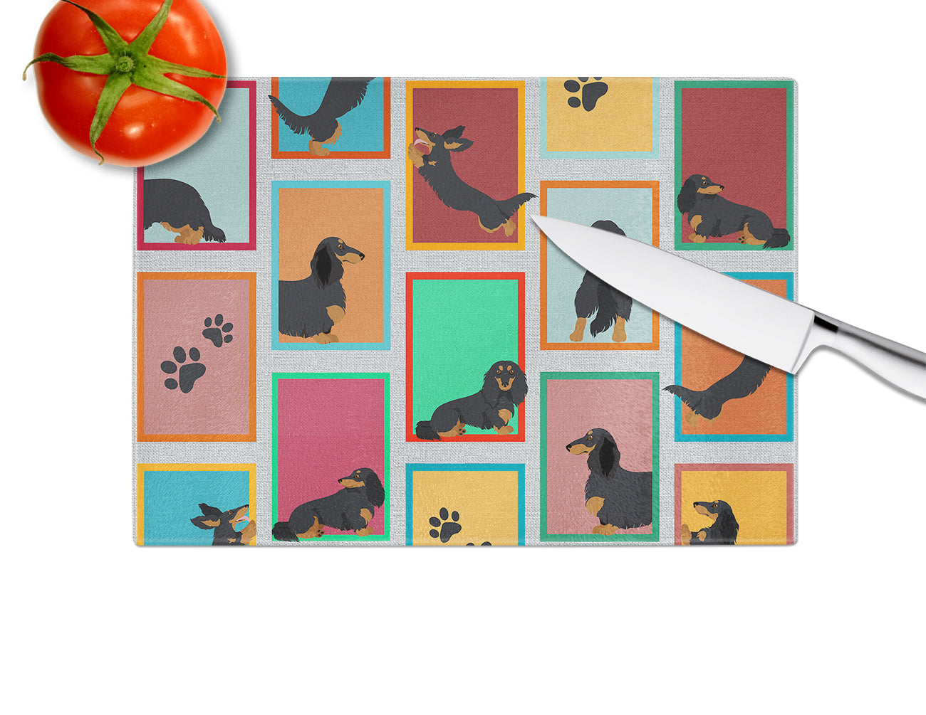 Lots of Longhaired Black Tan Dachshund Glass Cutting Board Large - the-store.com