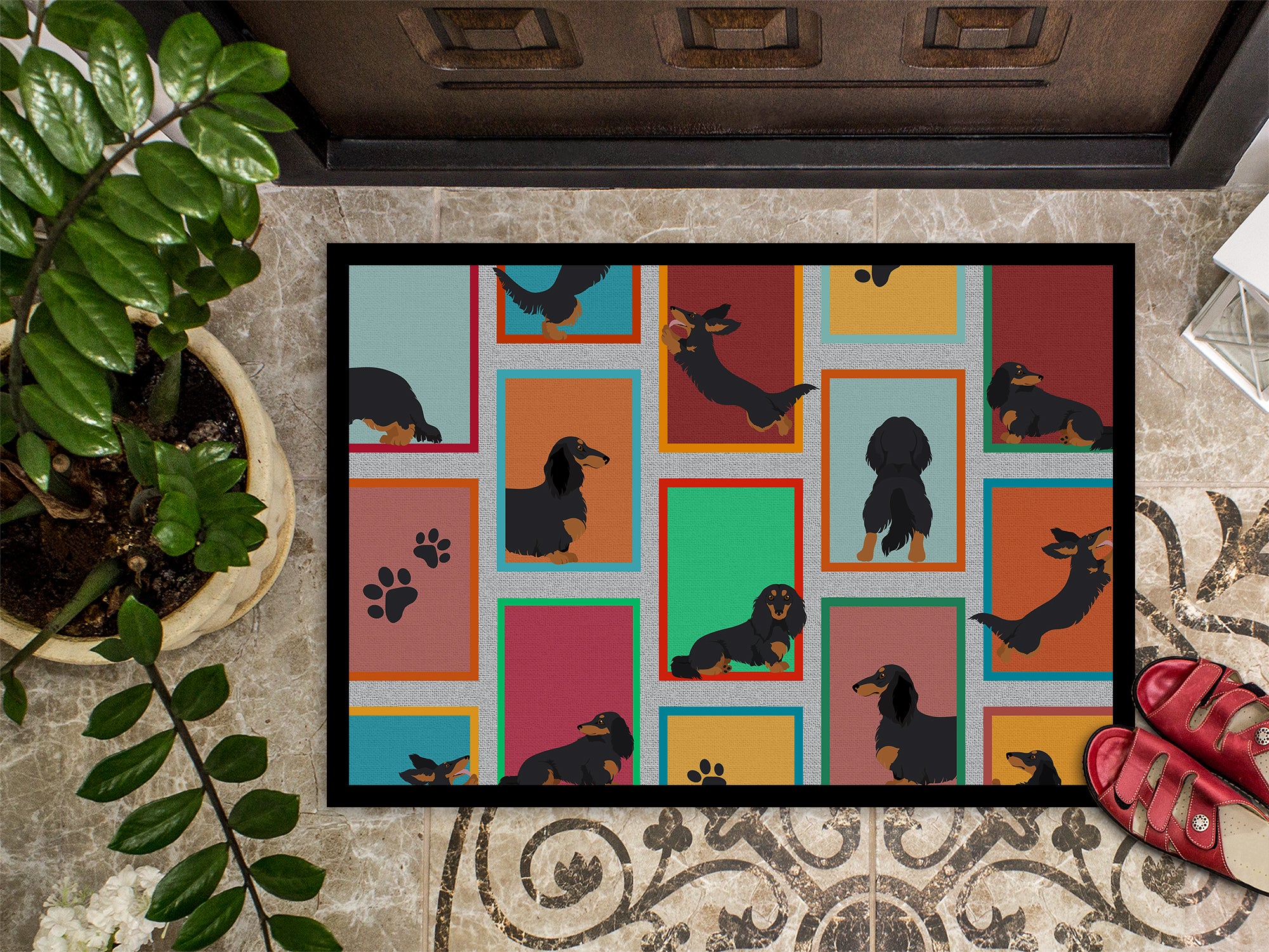 Lots of Longhaired Black Tan Dachshund Indoor or Outdoor Mat 18x27 - the-store.com