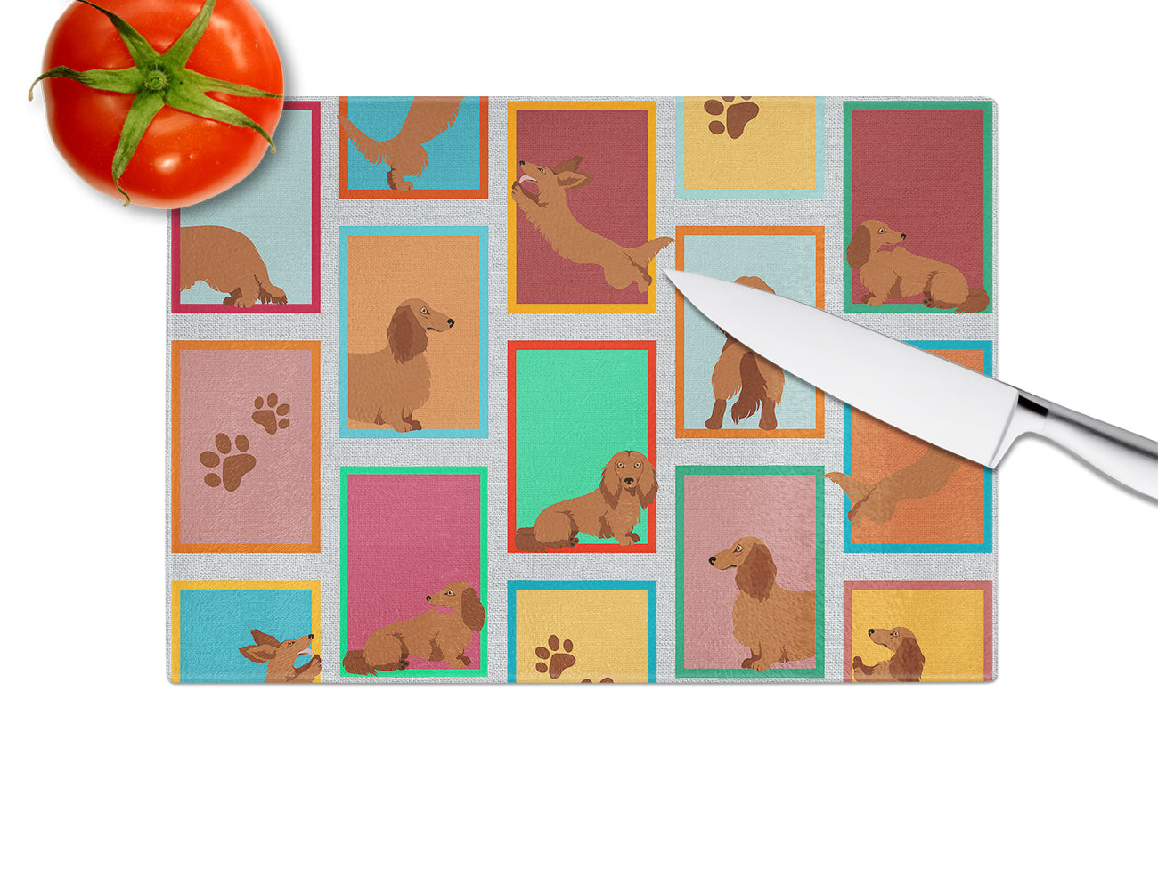 Lots of Longhaired Red Dachshund Glass Cutting Board Large - the-store.com