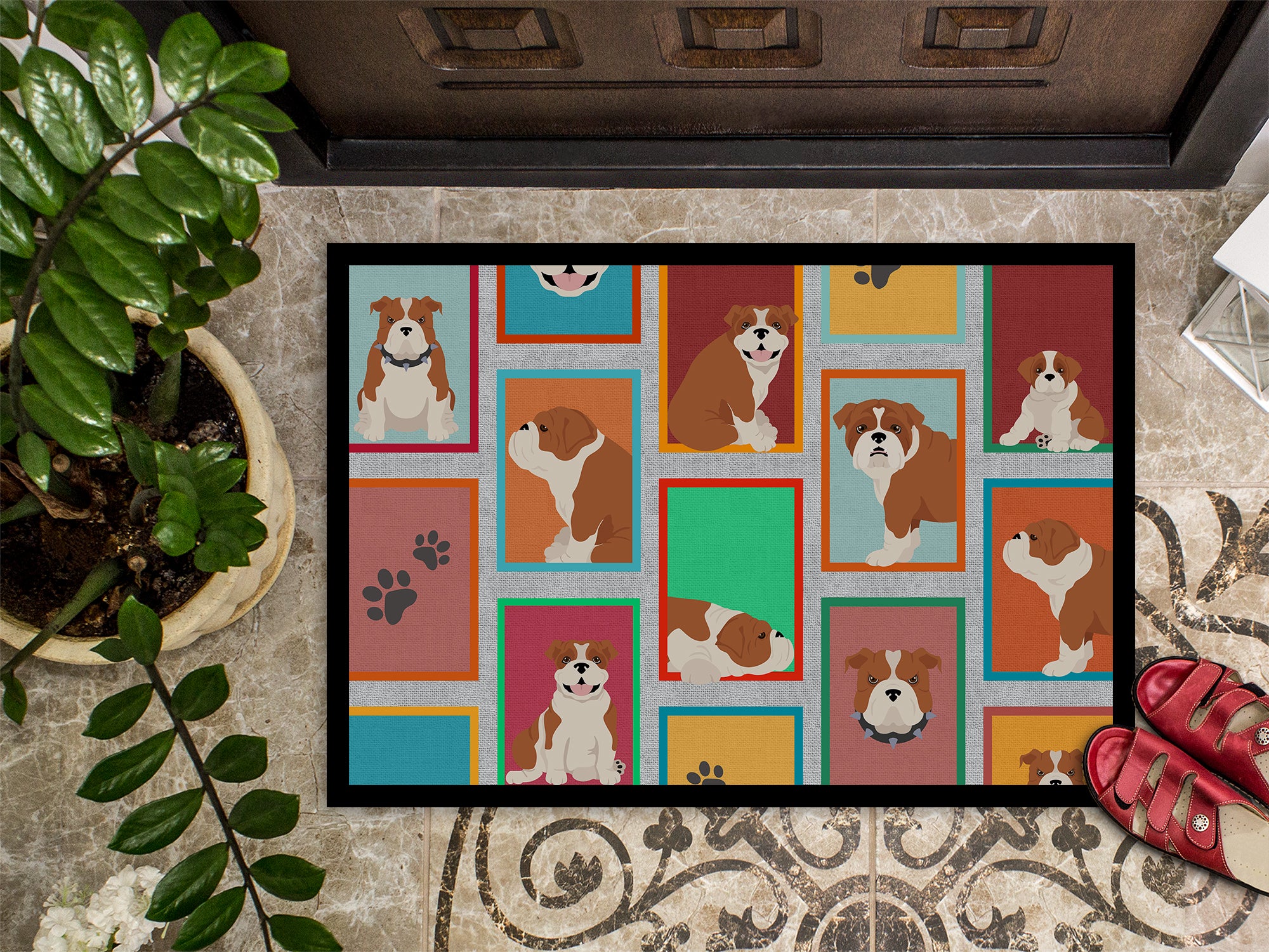Lots of Red and White English Bulldog Indoor or Outdoor Mat 24x36 - the-store.com