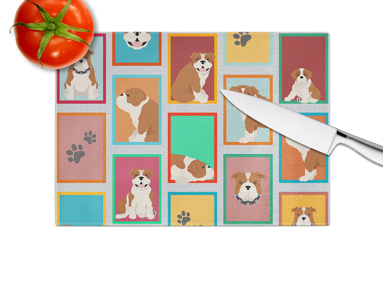 Lots of Red and White English Bulldog Glass Cutting Board Large - the-store.com