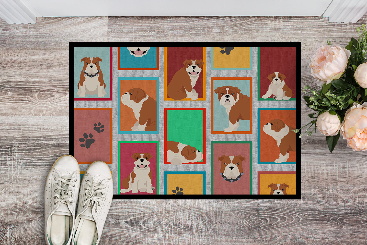 Lots of Red and White English Bulldog Indoor or Outdoor Mat 18x27 - the-store.com