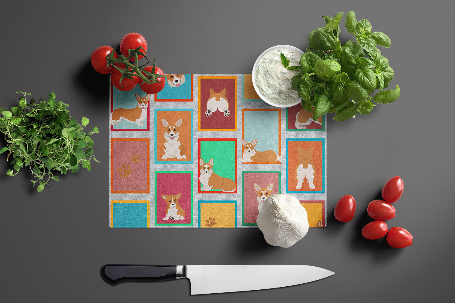 Lots of Red and White Pembroke Corgi Glass Cutting Board Large - the-store.com