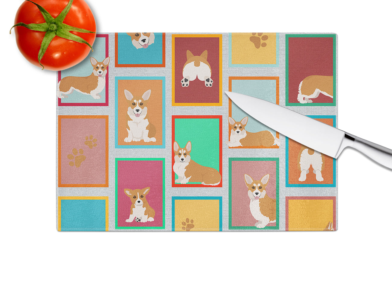 Lots of Red and White Pembroke Corgi Glass Cutting Board Large - the-store.com