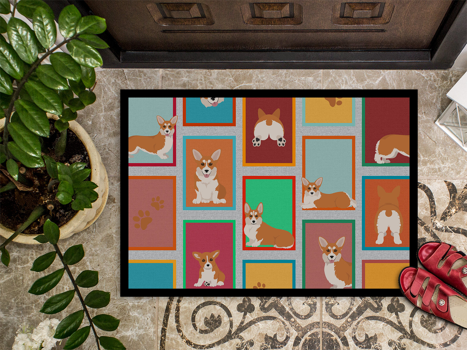 Caroline's Treasures Lots of Red and White Pembroke Corgi Doormat - 18x27 Decorative Floor Mat – Indoor/Outdoor Rug with Artistic Flair