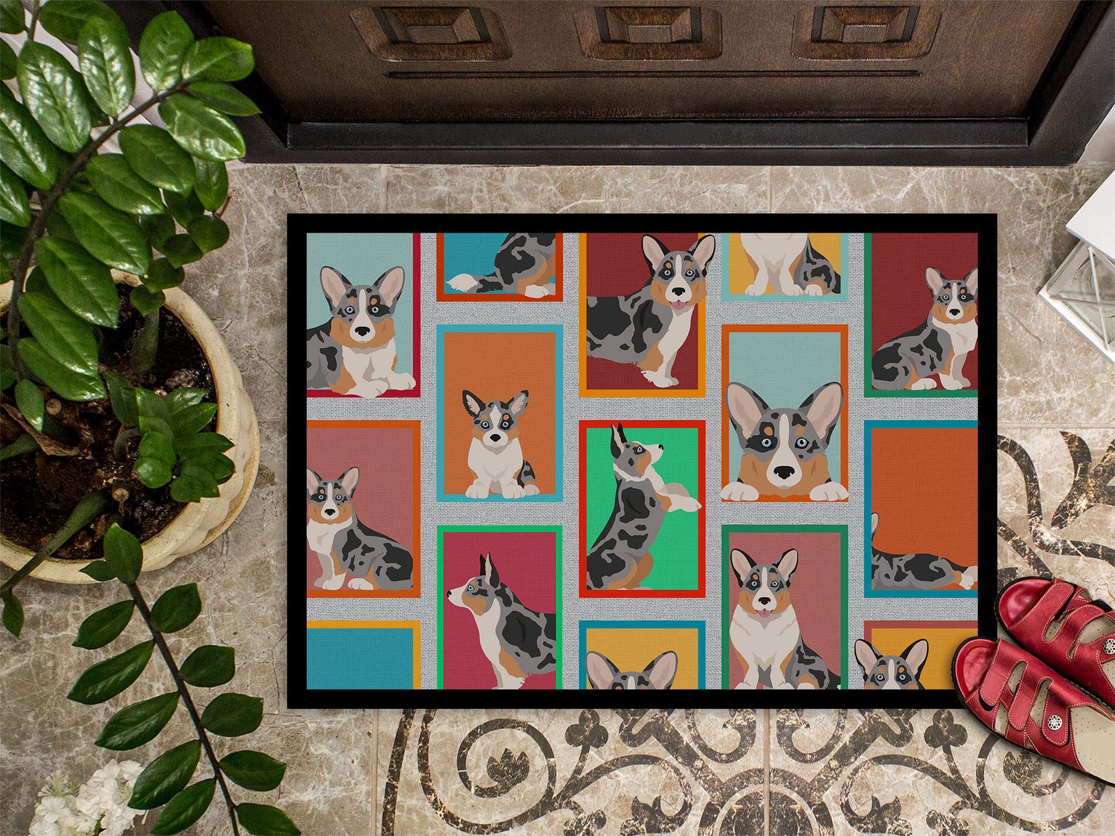 Caroline's Treasures Lots of Blue Merle Welsh Cardigan Corgi Doormat - 18x27 Decorative Floor Mat – Indoor/Outdoor Rug with Artistic Flair