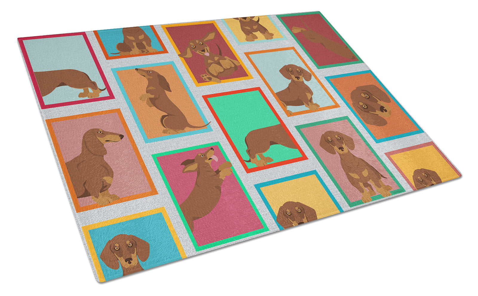Buy this Lots of Chocolate and Tan Dachshund Glass Cutting Board Large