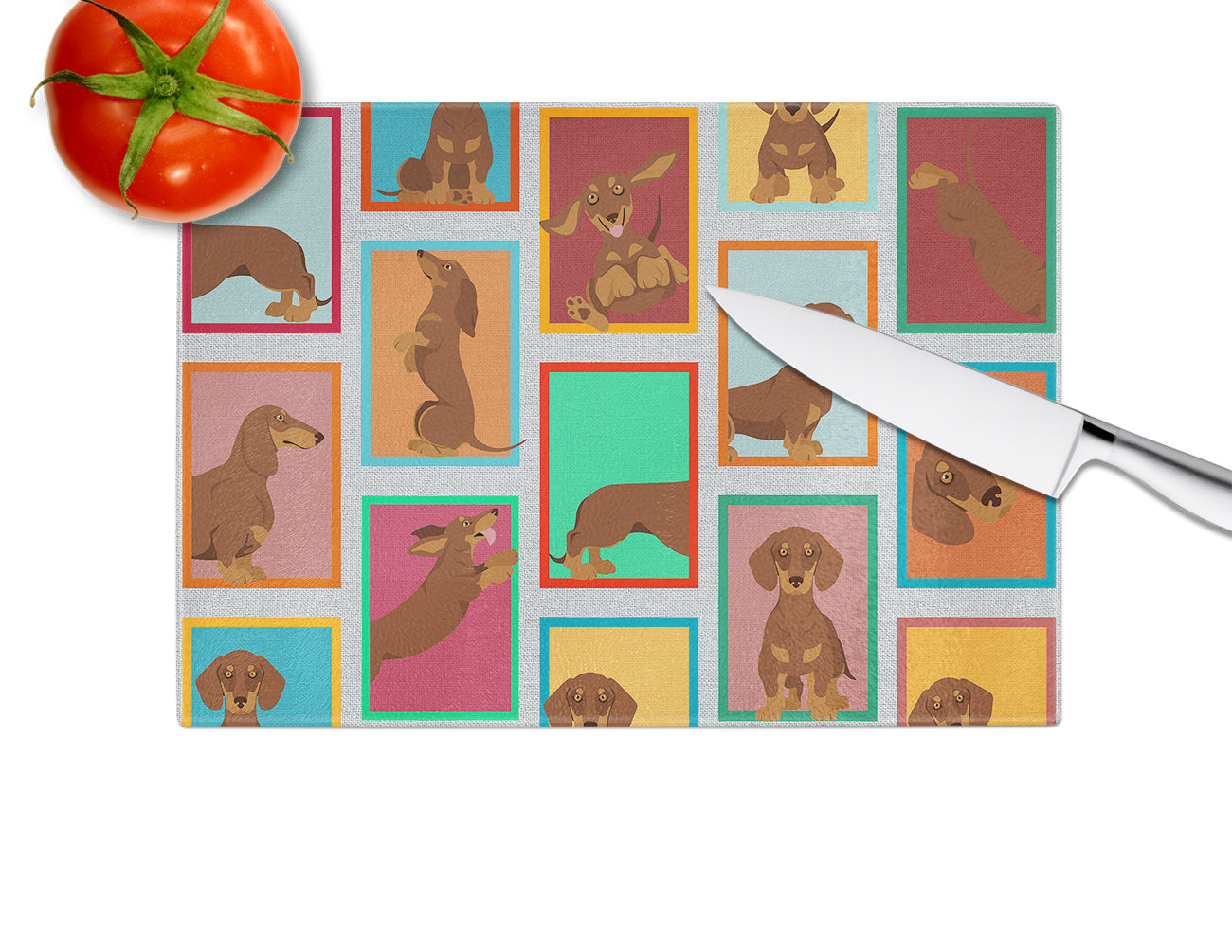 Lots of Chocolate and Tan Dachshund Glass Cutting Board Large - the-store.com