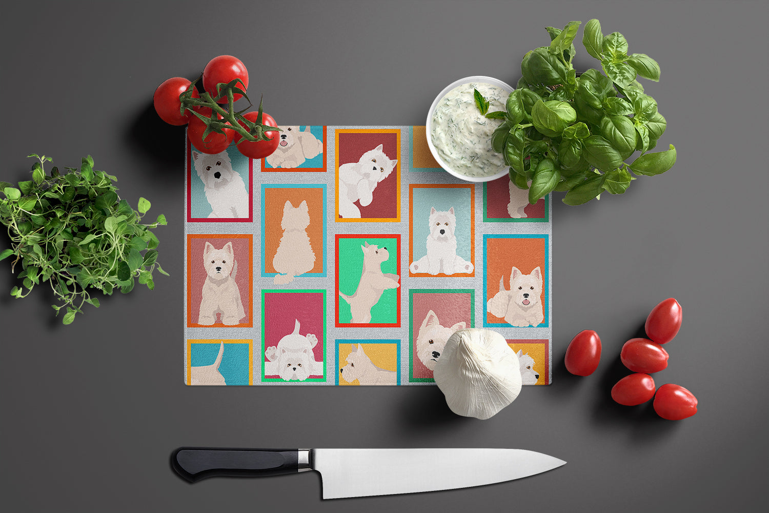 Lots of Westie Glass Cutting Board Large - the-store.com