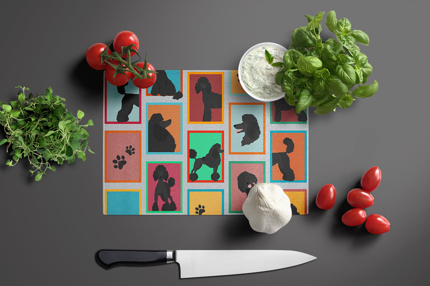Lots of Black Standard Poodle Glass Cutting Board Large - the-store.com
