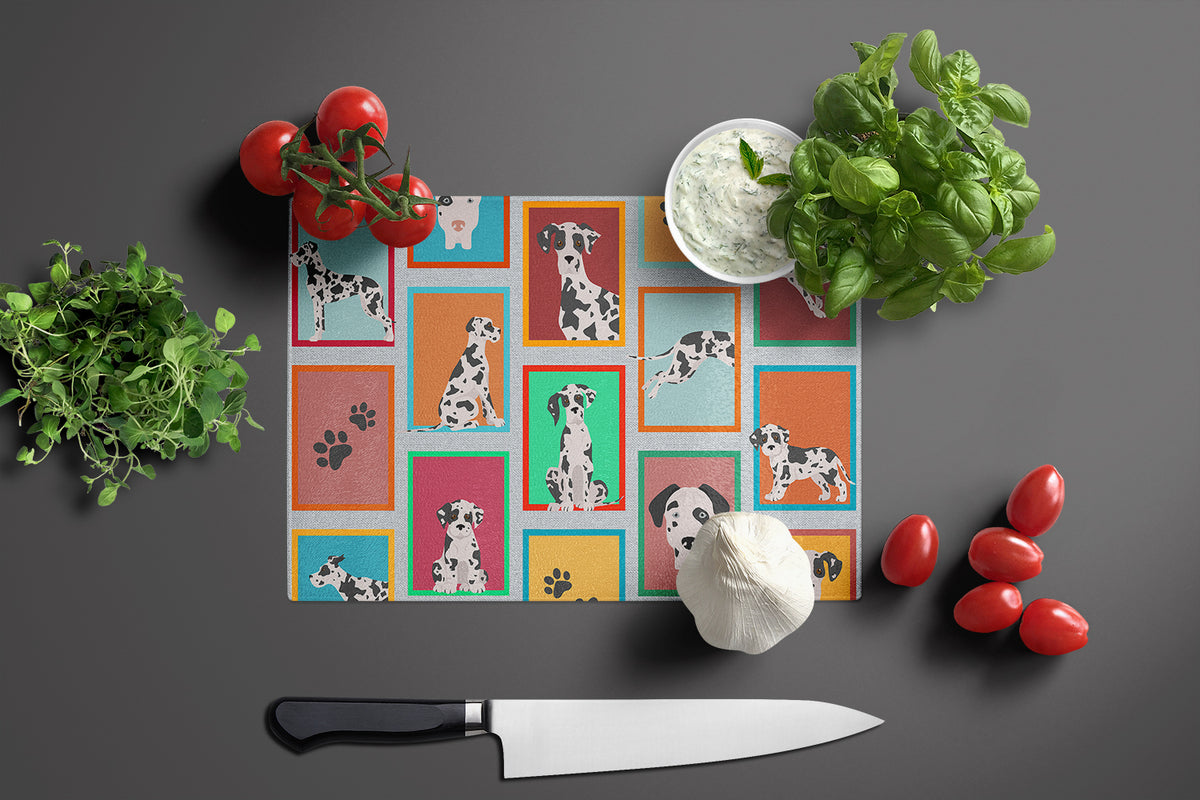 Caroline's Treasures Lots of Harlequin Natural Ears Great Dane Glass Cutting Boards – Durable, Decorative Kitchen Art Large