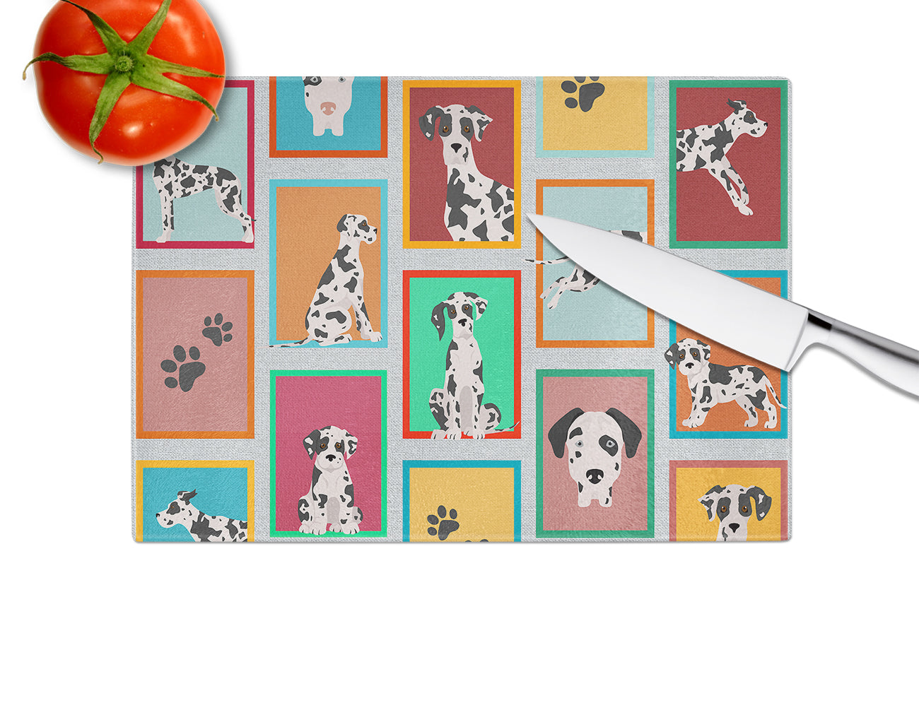 Lots of Harlequin Natural Ears Great Dane Glass Cutting Board Large - the-store.com
