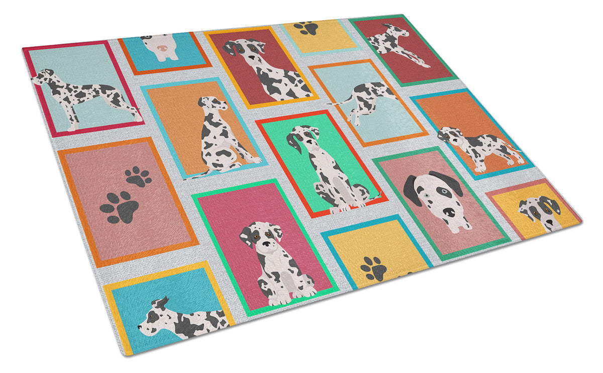 Caroline's Treasures Lots of Harlequin Natural Ears Great Dane Glass Cutting Boards – Durable, Decorative Kitchen Art Large