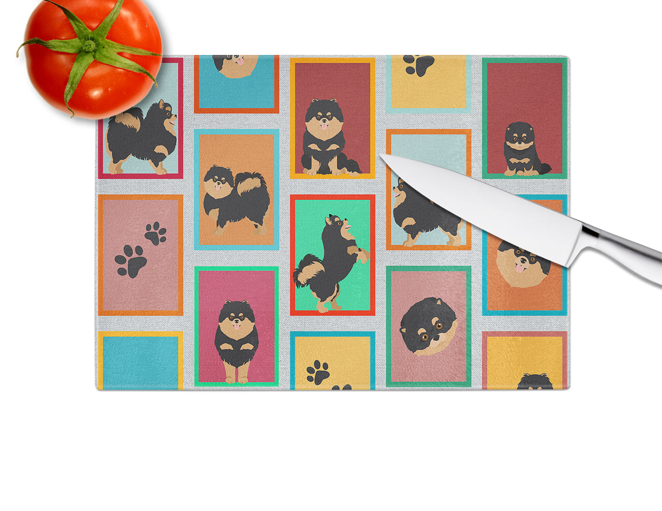 Lots of Black and Tan Pomeranian Glass Cutting Board Large - the-store.com
