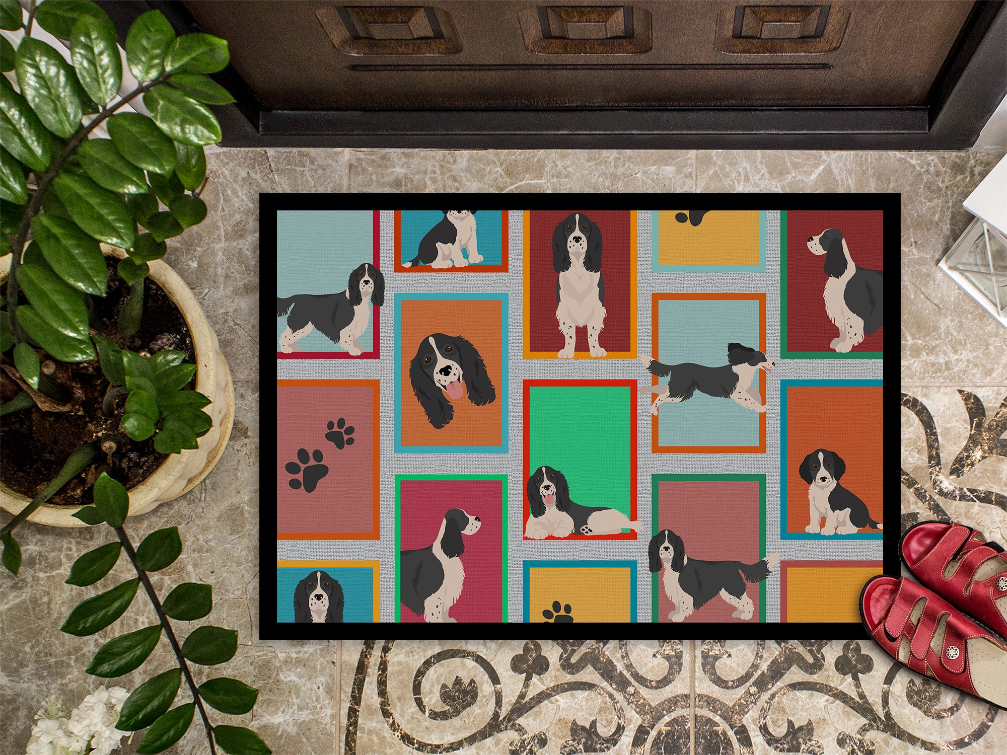 Lots of Black and White English Springer Spaniel Indoor or Outdoor Mat 18x27 - the-store.com