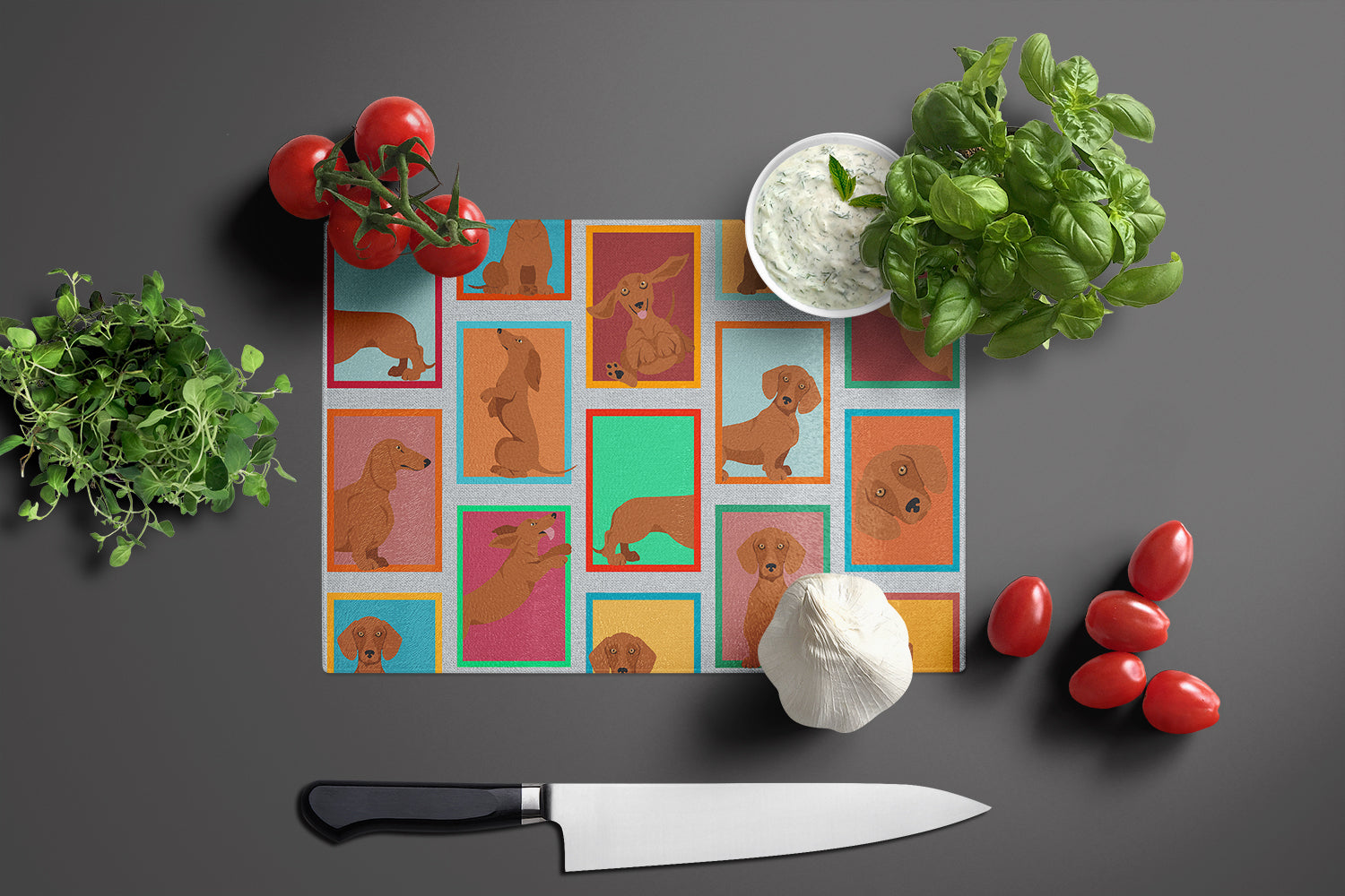 Lots of Red Dachshund Glass Cutting Board Large - the-store.com