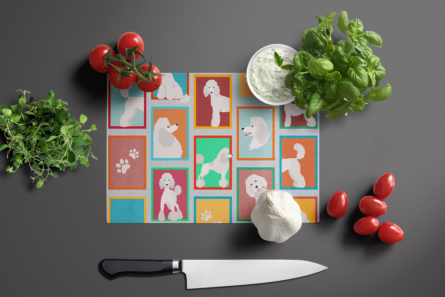 Lots of White Standard Poodle Glass Cutting Board Large - the-store.com