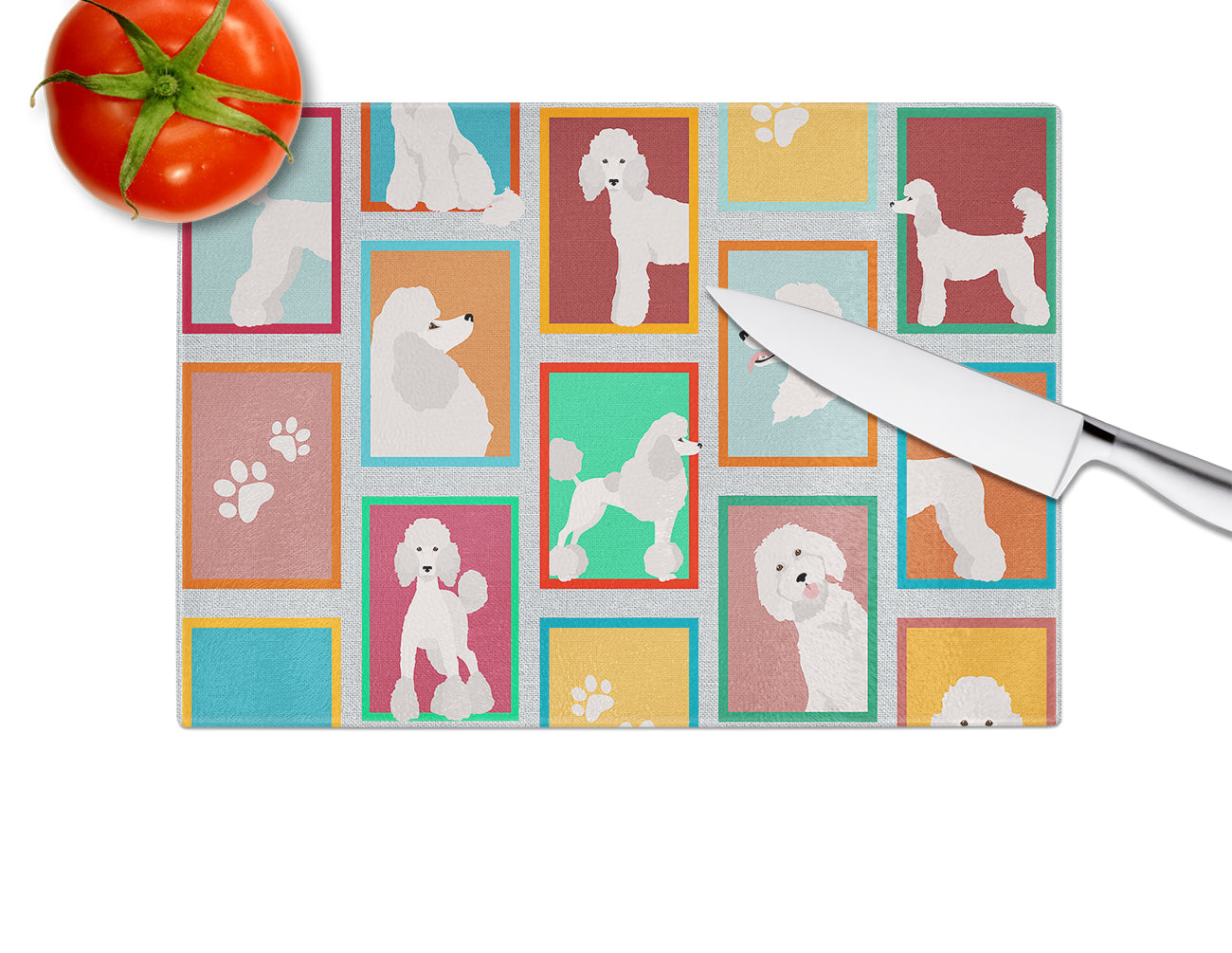 Lots of White Standard Poodle Glass Cutting Board Large - the-store.com