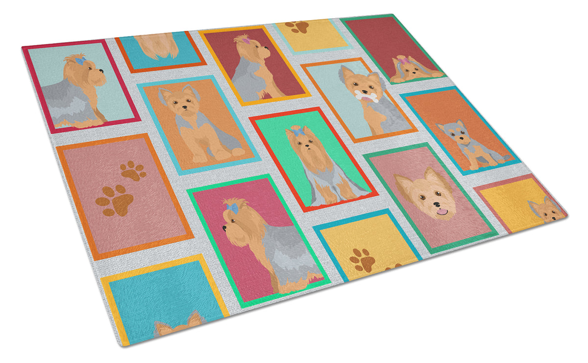 Buy this Lots of Blue and Tan Yorkie Glass Cutting Board Large