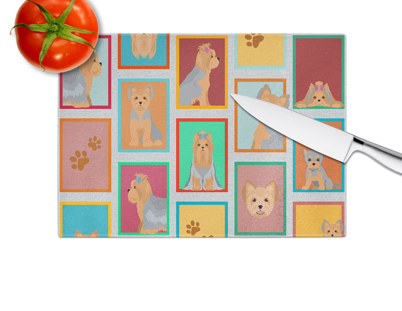 Lots of Blue and Tan Yorkie Glass Cutting Board Large - the-store.com