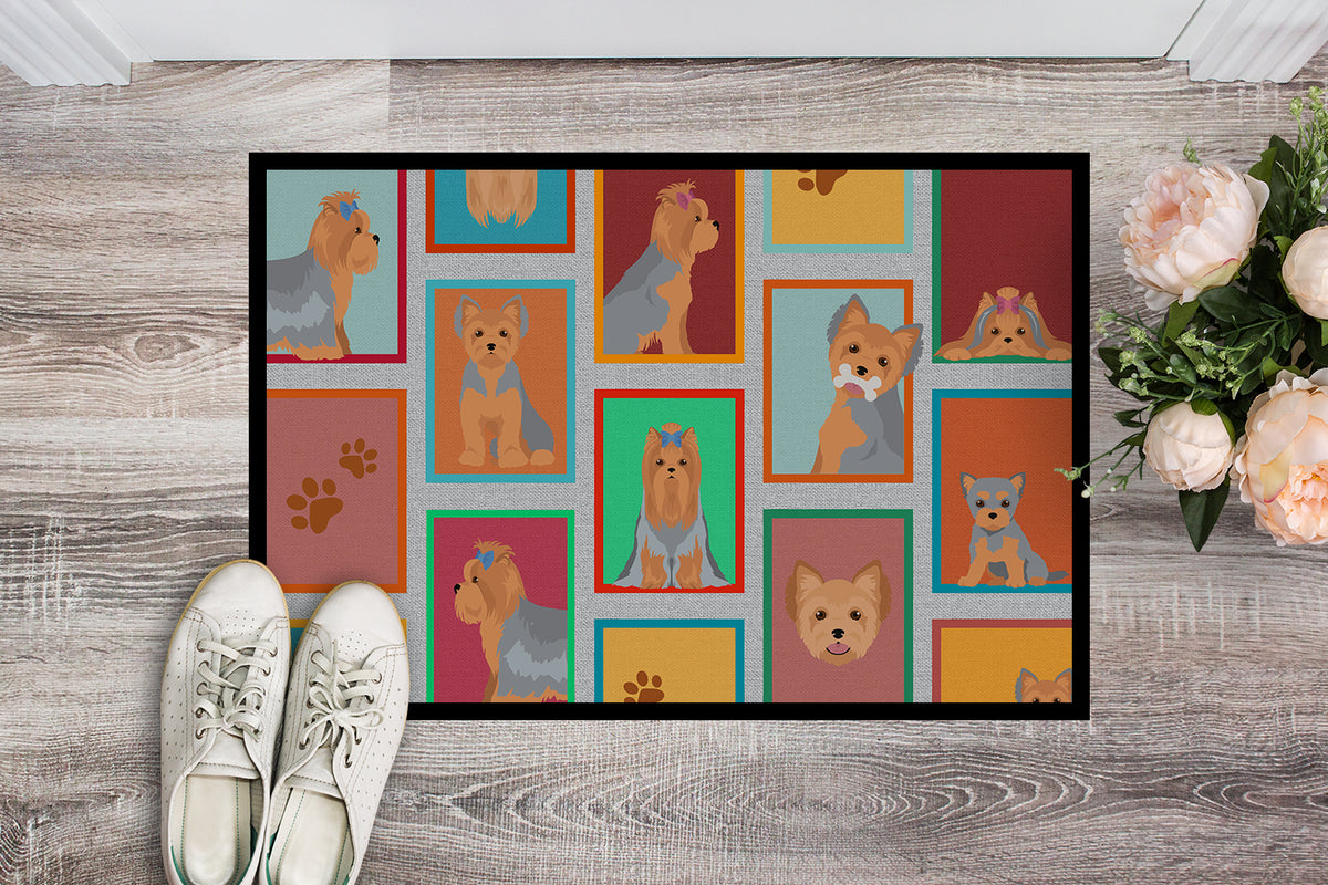 Caroline's Treasures Lots of Blue and Tan Yorkie Doormat - 18x27 Decorative Floor Mat – Indoor/Outdoor Rug with Artistic Flair